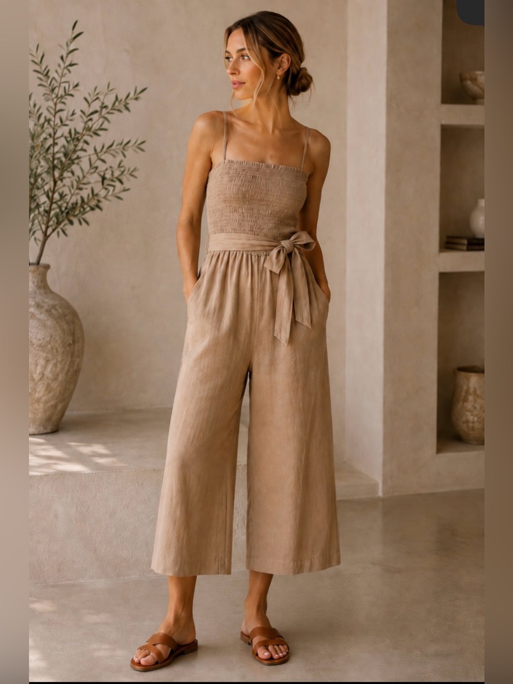 House of Harlow Tan Smocked Cropped Wide Leg Jumpsuit Size S Tie Waist
